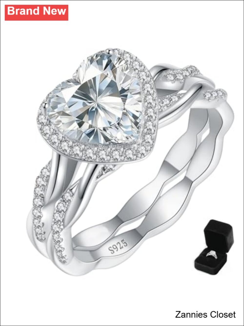 💍 Heart Cut Moissanite Sterling Silver Promise Ring Set Halo Infinity Knot